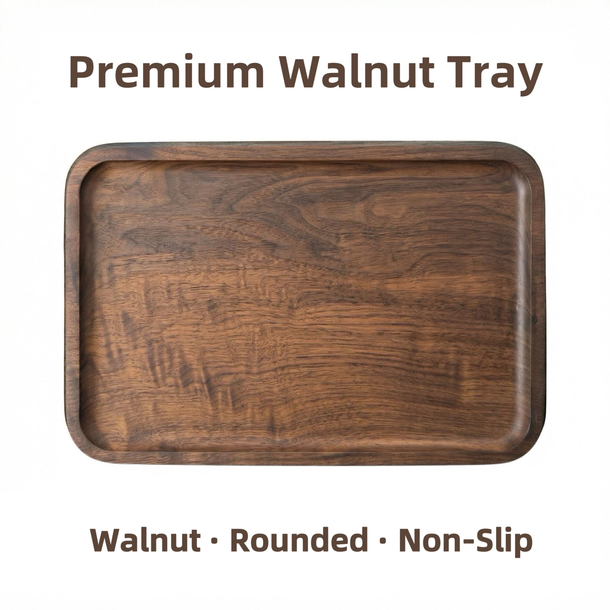 ORAVI walnut tray features overview: solid walnut, rounded edge, non-slip feet.