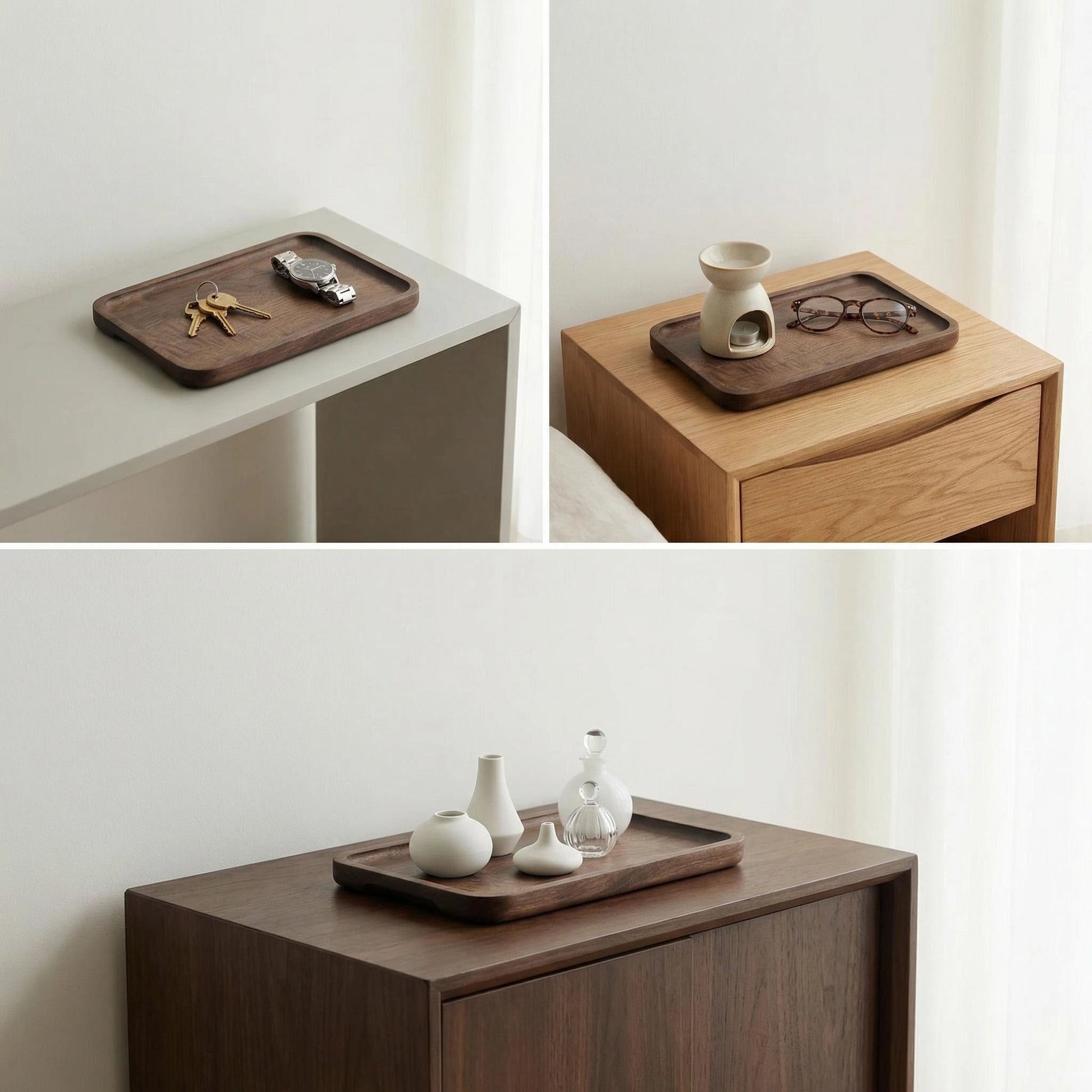 Walnut valet tray styled in home scenes for bedside, entryway and coffee table organization.