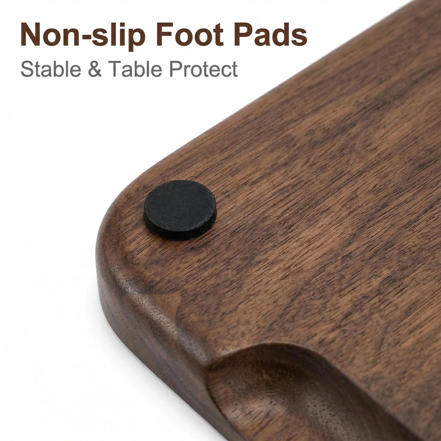 Non-slip rubber feet detail on walnut tray to keep it stable and help protect surfaces.
